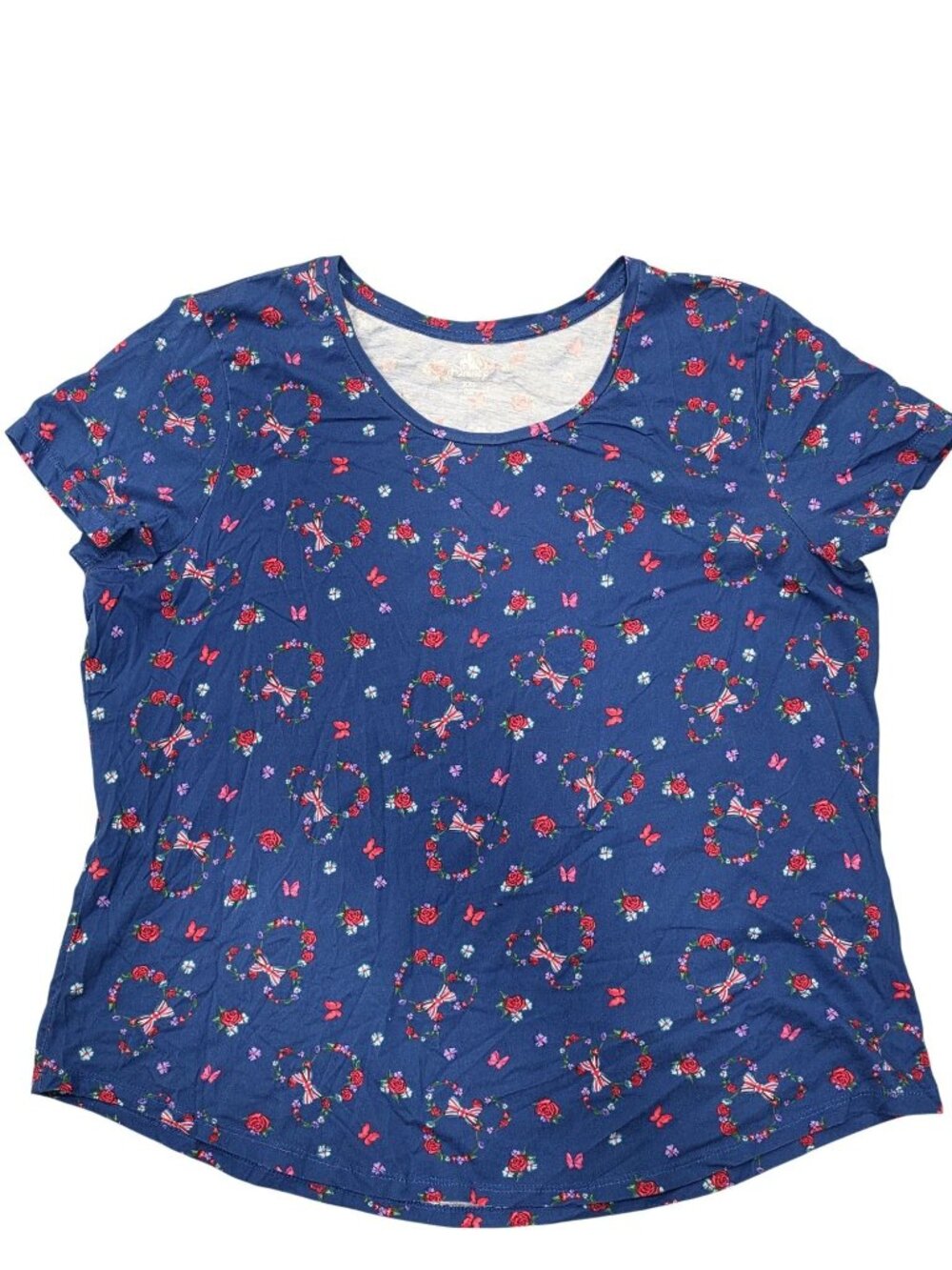Disney Womens XXL Blue Floral Minnie Mouse Short Sleeve Shirt